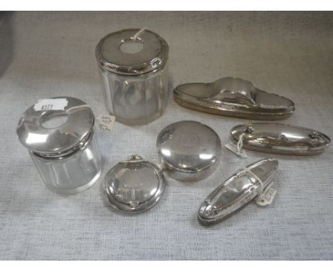 A COLLECTION OF MIXED SILVER, comprising a silver Art Deco compact, silver-topped glass dressing bottles, patch box (filled) 