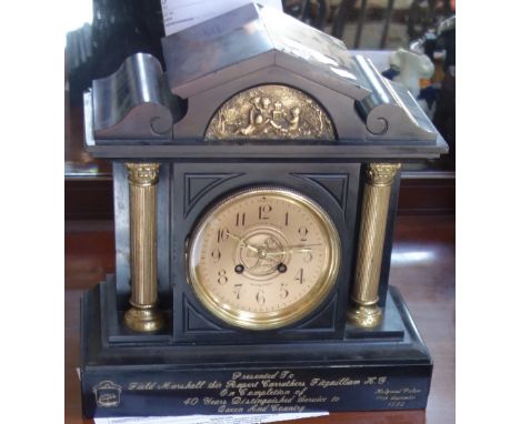 A HAMILTON &amp; INCHES OF EDINBURGH SLATE MANTEL CLOCK with inscription 'Presented to Field Marshall Sir Rupert Carruthers F