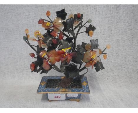 AN ORIENTAL 'JADE' TREE in a  rectangular cloisonne dish