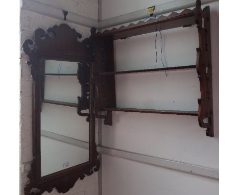 A GEORGE III MAHOGANY FRAMED WALL MIRROR and a Victorian open wall shelf (2)