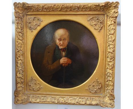 A 19TH CENTURY OIL ON BOARD portrait of an elderly gentleman leaning on a stick, framed as a roundel in a gilt frame