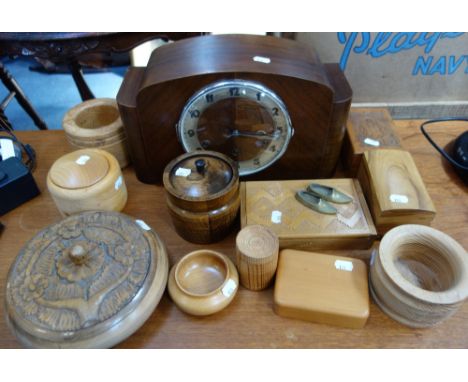A WALNUT CASED MANTEL CLOCK with Westminster chime and a collection of wooden items