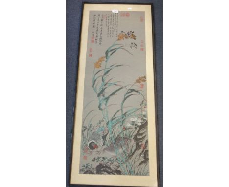 AFTER SHEN ZHOU (1427-1509) AND OTHERS Two pheasants amongst plants, with calligraphy and seals, woodblock print, 38" x 14"