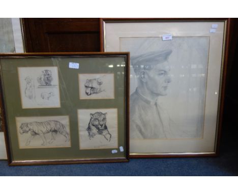 BERYL NEWMAN (TRIST): Four animal studies, including a tiger, pencil study mounted in one frame, with a pencil portrait by th