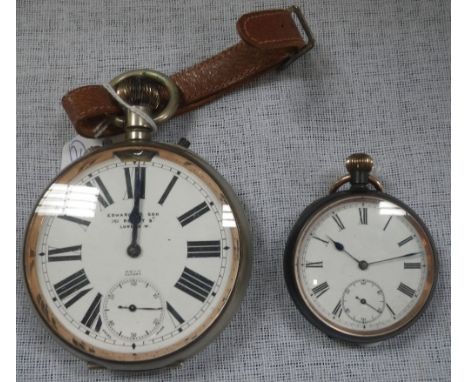 EDWARDS &amp; SONS: A nickel plated Goliath pocket watch with keyless wind movement, the white enamel 'light up' dial with bl