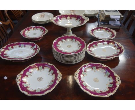 A 19TH CENTURY WEDGWOOD DESSERT SERVICE, decorated in puce and gilt with vine leaves, impressed mark 'Wedgwood Pearl'
