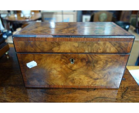 A 19TH CENTURY WALNUT AND CROSSBANDED TEA CADDY with single compartment and glass bowl