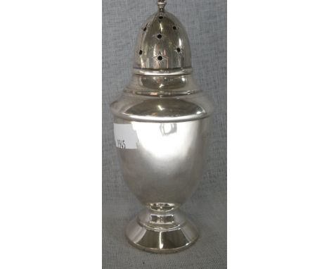 A SILVER SUGAR CASTER, baluster form, pierced pull-off cover with knop finial, on a circular foot, 16cm high (c.2.7oz)