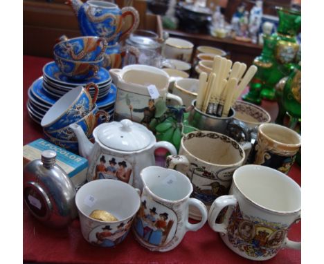 A 19TH CENTURY EARTHENWARE MUG with transfer printed hunting scene, a Japanese part 'Geisha Girl' tea service, tankards, bone