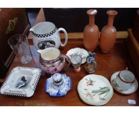 A 1930'S 'BLACK AND WHITE' SCOTCH WHISKY ADVERTISING JUG, a similar ashtray, a miniature Doulton jug and other items