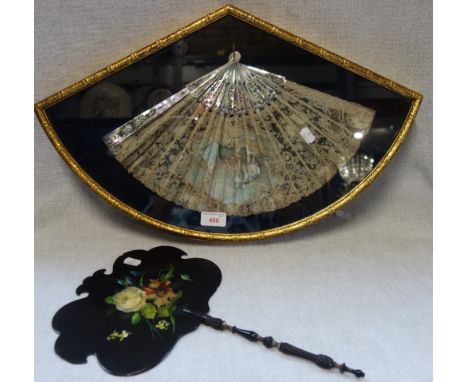 A MOTHER-OF-PEARL AND LACE FAN, WITH PAINTED WATTEAUESQUE SCENE, cased, and a Victorian face screen