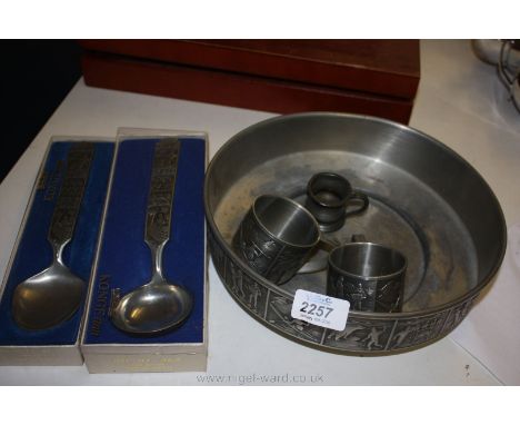 Two Norwegian Pewter Mugs, souvenir spoons and a large Bowl decorated with hunting and fishing figures