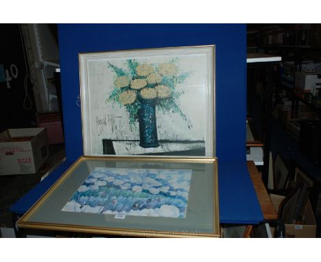 A framed and mounted Print of white flowers in a field, indistinctly signed lower left along with an Impressionist Print of a