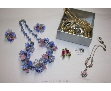 A triple strand simulated pearl Choker, diamonte Necklace, paste and opal Necklet, pink and blue glass Necklace and Earrings,