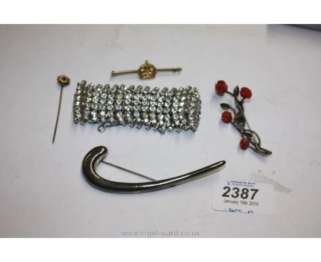 A vintage Diamonte seven row Bangle, two silver Brooches, Stick Pin, 9ct gold Tie Pin with crown motif