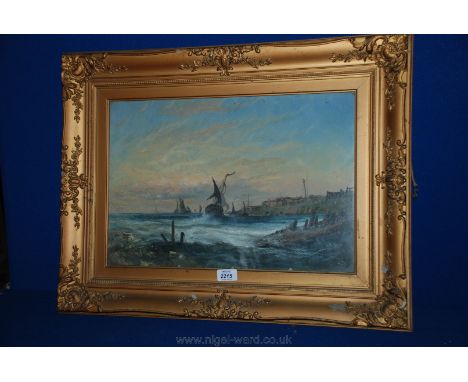 An framed Oil on paper of a seascape with a sailing ship, the sails being torn on with rough seas, and other ships in the dis