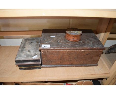TWO SMALL WOODEN BOXES, A VINTAGE METAL CASH TIN, AND A CIRCULAR WOODEN TRINKET BOX (4)