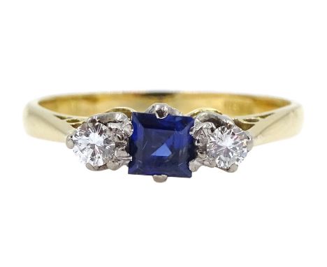 Gold square cut sapphire and diamond three stone ring, stamped 18ctClick here to view further images, condition reports, sale