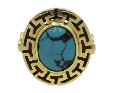 14ct gold oval turquoise key design ring, stamped 585Click here to view further images, condition reports, sale times &amp; d
