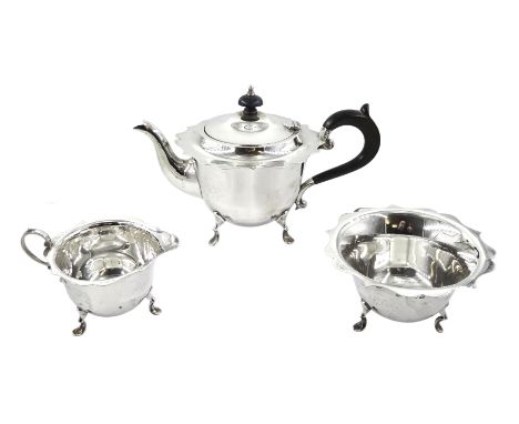 Silver bachelors three piece tea service by Barker Brothers (Herbert Edward Barker &amp; Frank Ernest Barker), Chester 1911, 