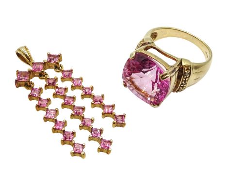 Gold flamingo pink topaz ring, with diamond set shoulders and a gold flamingo pink topaz pendant, both hallmarked 9ctClick he