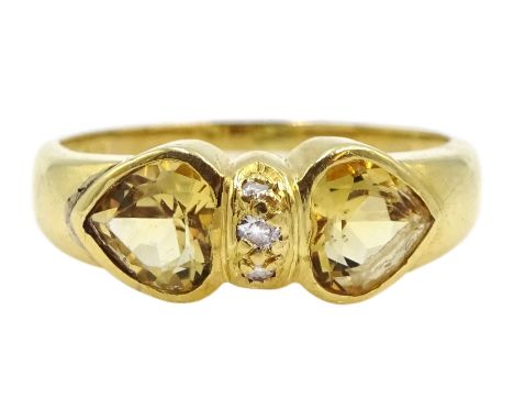 18ct gold citrine and diamond ring, three central diamonds with heart shaped citrines either side, stampedClick here to view 