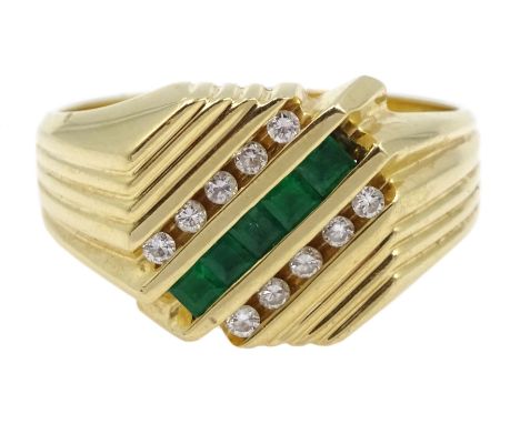 Gold square cut emerald and round brilliant cut diamond three row signet ring, stamped 14KTClick here to view further images,