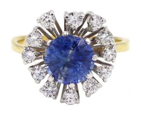 18ct gold round sapphire and diamond cluster ring, sapphire approx 1.00 caratClick here to view further images, condition rep