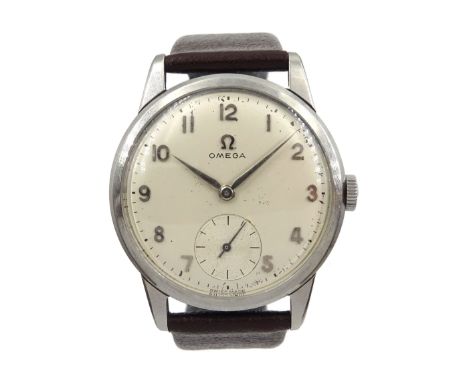 Omega gentleman's stainless steel 17 jewels manual wind wristwatch, No. 13332, cal 267, movement No. 17777014, on brown leath