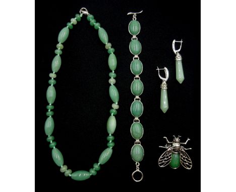 Pair of silver jade pendant earrings, stamped 925, jade bead necklace, bracelet and bug broochClick here to view further imag