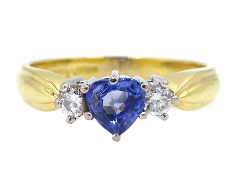 18ct gold heart shaped sapphire and round brilliant cut diamond ring, London 1990Click here to view further images, condition