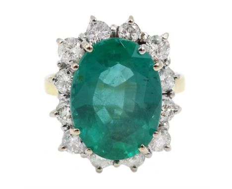 18ct gold oval Zambian emerald and round brilliant cut diamond cluster ring, hallmarked, emerald approx 5.80 carat, total dia