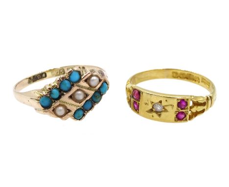 Edwardian 18ct gold ruby and diamond ring, Birmingham 1903 and a Victorian turquoise and split pearl three row ring, Birmingh