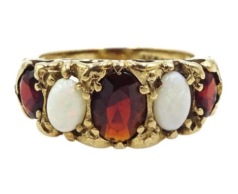 9ct gold oval opal and garnet five stone ring, hallmarkedClick here to view further images, condition reports, sale times &am