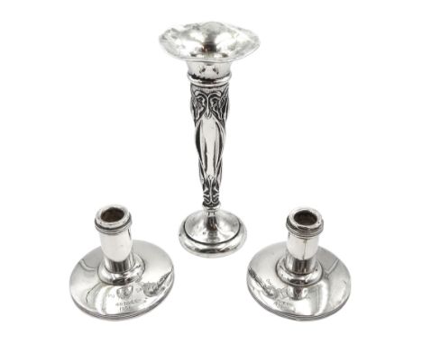 Pair of silver Masonic dwarf candlesticks inscribed 'Donyo Sabuk 4070. E.C 1956', by William Adams Ltd, Birmingham 1955 and a