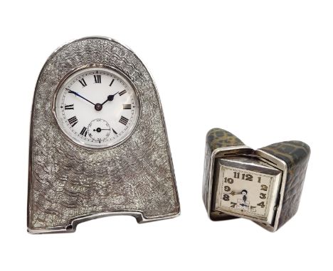 Ladies silver purse watch lever movement by Aster in crocodile folding case and a small Art Deco silver mounted on oak desk c