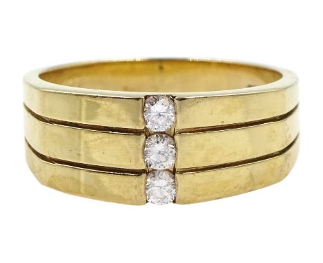 9ct gold channel set three stone diamond ring, Birmingham 2007Click here to view further images, condition reports, sale time