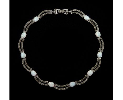 Silver opal and marcasite link necklace, stamped 925Click here to view further images, condition reports, sale times &amp; de