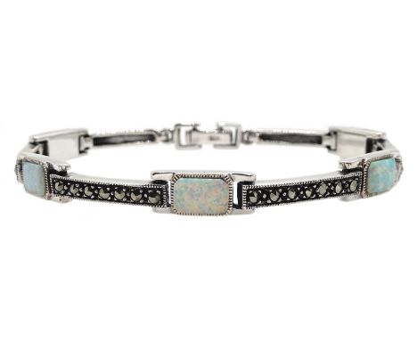 Silver opal and marcasite link bracelet, stamped 925Click here to view further images, condition reports, sale times &amp; de