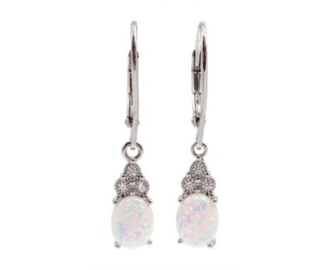 Pair of silver opal and cubic zirconia pendant earrings, stamped 925Click here to view further images, condition reports, sal