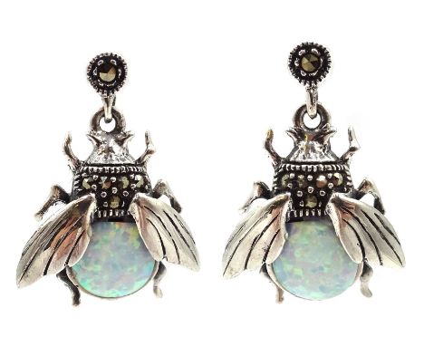 Pair of silver opal and marcasite pendant earrings, stamped 925Click here to view further images, condition reports, sale tim