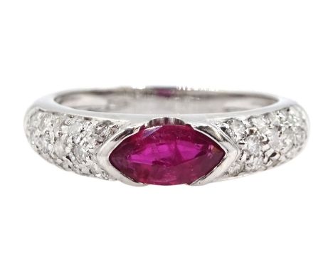 18ct white gold marquise shaped ruby ring, with pave set diamond shoulders, stamped 750Click here to view further images, con