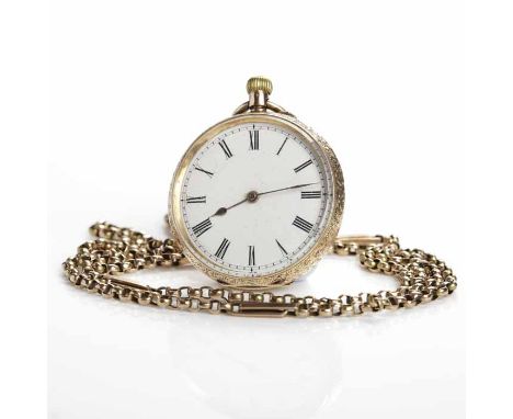 FOURTEEN CARAT GOLD OPEN FACE FOB WATCH
unsigned keyless wind pin-set movement, the white enamel dial with Roman numerals, gi