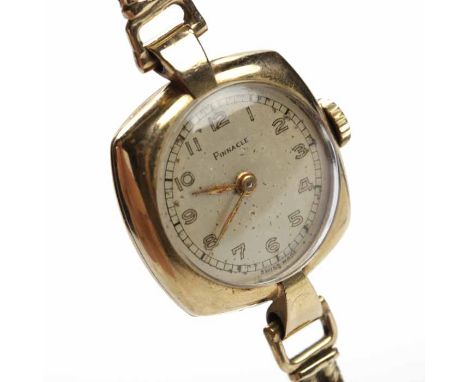 LADY'S EARLY TWENTIETH CENTURY NINE CARAT GOLD PINNACLE COCKTAIL WATCH
signed fifteen jewels manual wind movement, the silver