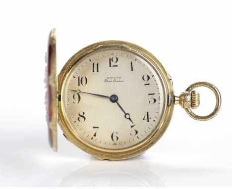FINE EARLY TWENTIETH CENTURY CARTIER EIGHTEEN CARAT GOLD DIAMOND FOB WATCH
unsigned keyless wind movement, the signed silvere