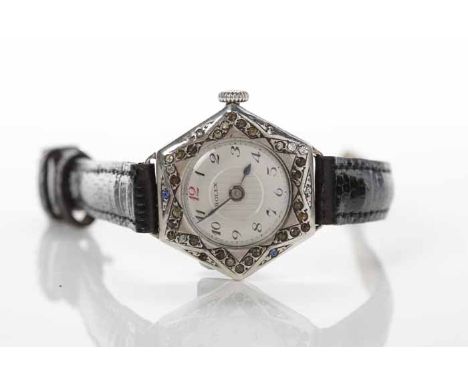 UNUSUAL LADY'S EARLY TWENTIETH CENTURY SILVER GEM SET ROLEX COCKTAIL WATCH
signed fifteen jewels manual wind movement, the si