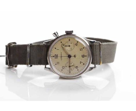 GENTLEMAN'S 1950s STAINLESS STEEL NAVY ISSUE MILITARY LEMANIA CHRONOGRAPH WRISTWATCH
signed seventeen jewels manual wind move
