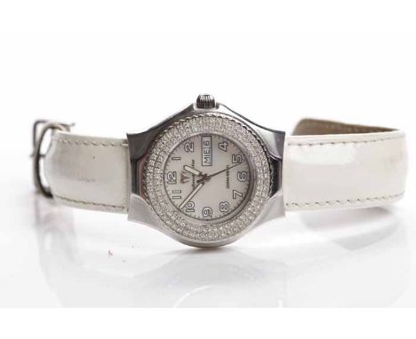 LADY'S STAINLESS STEEL DIAMOND SET TECHNOMARINE WRISTWATCH
quartz movement, the mother of pearl dial with Arabic numerals, ca