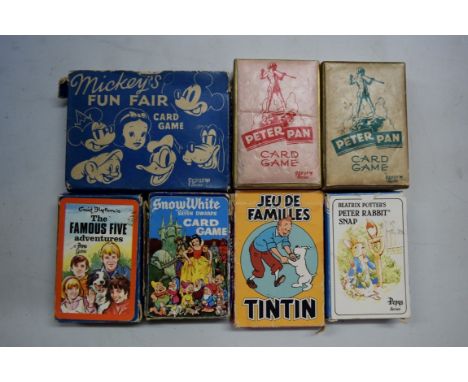 Two boxes of mixed vintage playing cards, to include: Who's Who or Food for Thought war card game; Noddy, Tin-Tin, Black-Out,
