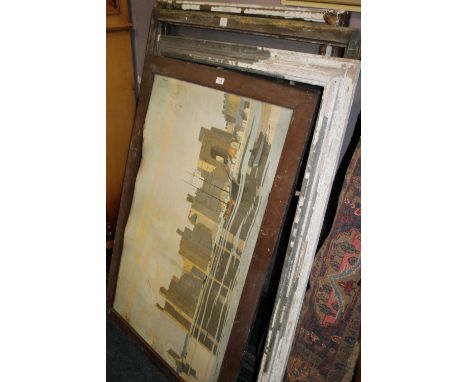 A LARGE NORMAN WILKINSON PRINT IN OAK FRAME TOGETHER WITH THREE LARGE ANTIQUE PICTURE FRAMES A/F 